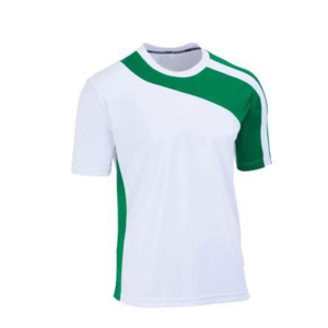 Maillot de football pour homme, blanc et vert, à blocs de couleur, manches courtes, col rond, polyester respirant, coupe classique, toutes saisons - Product Image 1