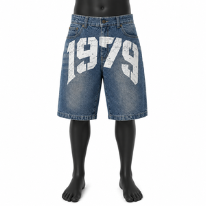 Shorts en jean pour homme de qualité supérieure avec imprimé 1979, taille mi-haute, style décontracté, en toile, avec fermeture boutonnée et poches - Product Image 4
