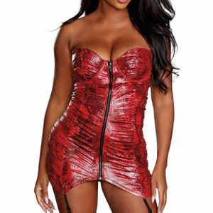 Combinaison corset en cuir PU rouge pour femme avec jarretelles, bustier sexy, lingerie push-up - Product Image 5
