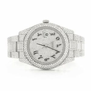 Montre de luxe en moissanite sertie de diamants, argentée, automatique, mécanique, style hip-hop, avec baguettes incrustées - Product Image 1