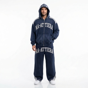Conjunto de Sudadera con Capucha y Pantalones de Algodón para Hombre, Cierre Completo, Estilo Casual Holgado, Estampado de Letras, Color Azul, Estilo Otoñal - Product Image 1
