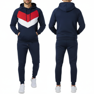 Ensemble de survêtement pour homme bleu marine premium avec sweat à capuche à panneaux V rouge et blanc, tenue de sport deux pièces pour la gym - Product Image 3