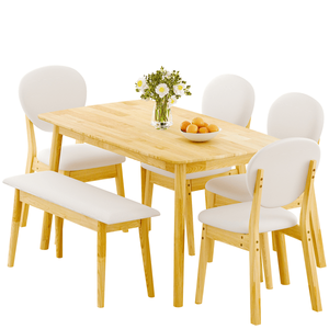 "Natural Wood Finish Beige Cushions Rubberwood <b>Dining</b> Table <b>Set</b> 1 Rect Table + 4 Upholstered Chairs + 1 <b>Bench</b> for Villa" - Product Image 4