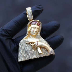 จี้พระแม่มารีแบบ Iced Out ชุบทอง เงินแท้ 925 ประดับเพชรโมอิสซาไนต์ทรงกลมเจียระไนแบบบริลเลียนท์ ดีไซน์ฮิปฮอป เหมาะสำหรับใส่ทุกวัน - Product Image 2