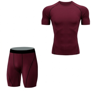 <b>Men's</b> Navy Blue <b>Compression</b> <b>Shirt</b> and Shorts Set Crew Neck Short Sleeve Moisture Wicking Fitted Polyester Athletic Wear - Product Image 4