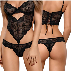 Women's Black Lace Bodysuit Sexy Hollow Out Sheer Shapewear Lingerie Bustier Corset Set - Product Image 6
