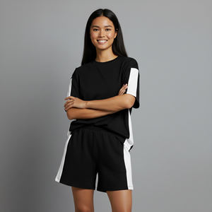 Ensemble court pour femme de haute qualité, 2 tons, manches courtes, coupe ample, 100% coton, logo imprimé DTG personnalisé, style hip hop, ensemble 2 pièces pour femmes - Product Image 5