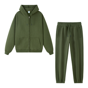 Ensemble de survêtement unisexe marron à capuche, sweat-shirt à fermeture éclair intégrale avec poches latérales et pantalon à cordon de serrage, couleur unie décontractée, 100 % coton - Product Image 2