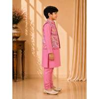 Ensemble Kurta Pyjama d'été pour garçons avec veste imprimée rose à manches longues en polyester tissé, tenue traditionnelle ethnique pour fêtes et occasions spéciales