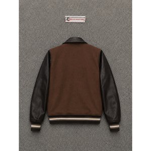 Chaqueta Varsity Personalizada Marrón y Negra para Hombre, Mangas de Cuero, Cuerpo de Lana, Botones a Presión, Cuello Camisero, Ropa Casual de Otoño, Estilo Urbano - Product Image 6