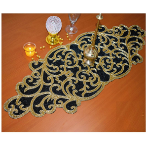 Napperon, sous-verre et chemin de table décoratifs en tissu perlé noir et doré, faits main indiens, pour décoration de mariage et de maison - Product Image 1