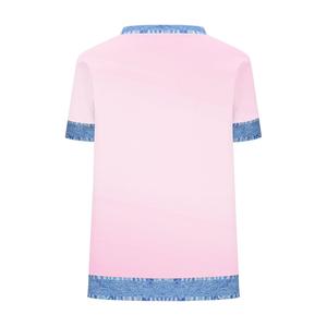 Women's Regular Fit Summer Fashion Contrast Trim Denim <b>Patchwork</b> Short Sleeve Waffle Knit <b>Tops</b> Tee Soft Stretch Casual T Shirt - Product Image 2