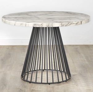 Table à manger de style rustique moderne, base en bois d'acacia massif en forme de tambour, plateau en marbre, finition naturelle à base d'eau. - Product Image 2