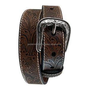 Luxury Hand carved Leaf Embossed Men Women Fashion Western <b>Leather</b> <b>Tooling</b> Belt with White Stitching and Antique Brass Buckle - Product Image 5