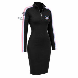Gamma Phi Delta Women's Bodycon <b>Dress</b> Contrast Striped Sleeve Quarter Zip Mock Neck Knee Length Casual Slim Fit <b>Dress</b> - Product Image 3