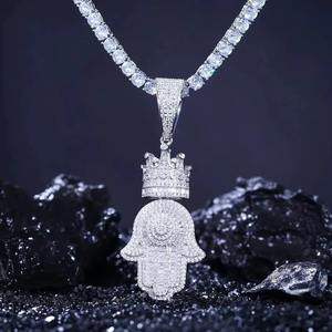 Pendentifs S925 en argent sterling avec moissanite, motif main de Fatima et couronne de glace, bijoux hip-hop pour femmes et hommes - Product Image 3