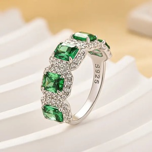 Elegant Design 925 Moissanite Halo <b>Emerald</b> Cut Green Stone 3.3 Carat Women's Anniversary <b>Ring</b> Sterling <b>Silver</b> White Gold Plated - Product Image 4