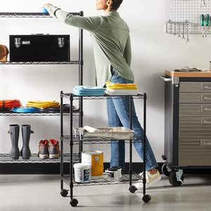 Basics 3 Tier Heavy Duty Storage Rack with Wheels | <b>Adjustable</b> Metal <b>Shelving</b> <b>Unit</b> Floor Mount (Black) - Product Image 3