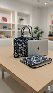 Bolso acolchado artesanal para portátil en azul índigo |   Moderno Estampado Floral Ecológico, Duradero, Elegante, Impermeable para Negocios - Product Image 2