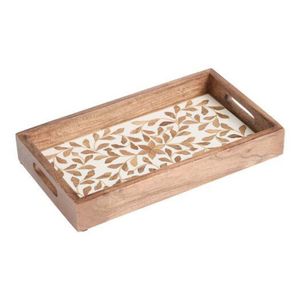 Plateau de service artisanal en bois de manguier avec incrustation florale en résine blanche, plateau décoratif pour table basse ou ottoman avec poignées découpées - Product Image 1