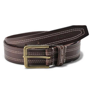 Ceinture décontractée en cuir noir de qualité supérieure, doublement cousue, très résistante, pour hommes, avec boucle en laiton - Product Image 4