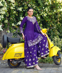 Beautiful Chinon Silk <b>Sequin</b> Frock Style Kurti <b>Flared</b> Plazo Long Stole Combo Three Piece Traditional Indian Outfit - Product Image 2