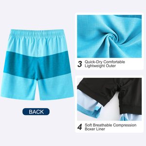Men Color Blocked Board Shorts Quick Dry Drawstring <b>Mid</b> Waist Casual Swimwear Blue 100% Polyester Canvas - Product Image 4