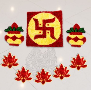 Ensemble de tapis Pooja Rangoli, Swastik Chaurang Aasan Kalash, tapis fleuris pour la décoration du temple, lavables, réutilisables, décoration de la maison - Product Image 1
