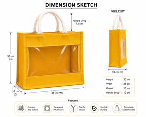 Sac fourre-tout en jute jaune AMANI avec fenêtre transparente, poignées blanches, taille moyenne, origine Bengale occidental, design durable pour offrir en cadeau - Product Image 2