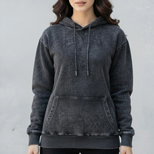 Sweat-shirt à capuche gris foncé pour femme, doublé, manches longues, couleur unie, tricoté, 100% coton, respirant, écologique, décontracté pour l'hiver - Product Image 1