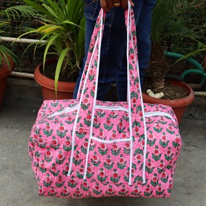 Pink Floral Cotton <b>Duffel</b> <b>Bag</b> Large Capacity Weekender Travel <b>Bag</b> Handmade with White Trim <b>Duffel</b> Casual Outdoor Storage - Product Image 5