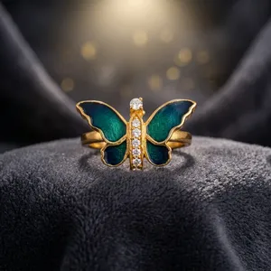<b>Gold</b> Plated Butterfly <b>Ring</b> 925 Sterling Silver Blue Enamel Moissanite <b>Cocktail</b> <b>Ring</b> for Women Romantic Style - Product Image 5