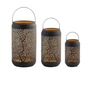 Black Steel <b>Lantern</b> With Perforated Dot Pattern Portable Outdoor Home Decoration <b>Solar</b> Powered <b>Light</b> Fixture - Product Image 6
