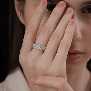 Three Row Pave Diamond <b>Ring</b> White Gold Multi Row Wedding Band Elegant Anniversary <b>Ring</b> Sparkly <b>Statement</b> Bridal Jewelry Gift - Product Image 2