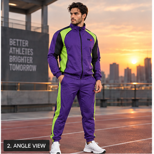 Premium Men Purple Lime Green Windbreaker Tracksuit Set Windproof Full Zip Athletic Elastic Cuff <b>Track</b> <b>Pants</b> OEM Manufacturer - Product Image 2