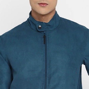 Men's Blue <b>Suede</b> Bomber <b>Jacket</b> Stand Collar Zipper Closure Casual Autumn Wear Regular Fit Men's <b>Jackets</b> - Product Image 2