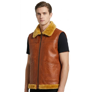 Gilet en cuir véritable pour homme de qualité supérieure avec col et ourlet en fourrure, fermeture éclair, vêtement d'extérieur décontracté pour l'hiver, respirant - Product Image 3