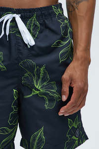 Shorts de bain pour hommes à imprimé floral, bleu foncé et vert, motif tropical, séchage rapide, taille à cordon de serrage, shorts de plage décontractés - Product Image 2