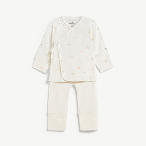 Ensemble 2 pièces pour bébé fille, imprimé floral, manches longues, boutons-pression, en coton et élasthanne, avec chaussons intégrés, nouveau-né, ODM Vietnam - Product Image 1