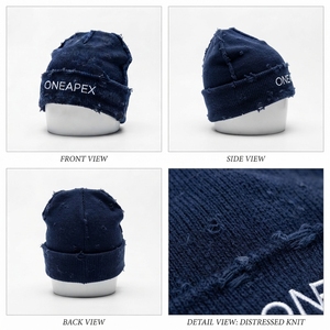 Men's <b>Navy</b> Blue Distressed Beanie <b>Hat</b> Knit Cuffed Winter Cap Unisex Streetwear Skull Cap Custom Logo Wholesale Fashion Accessory - Product Image 4