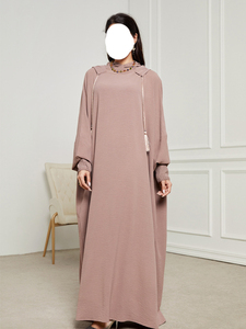 OEM Pure Green Apricot Color Crinkle <b>Elastic</b> Fabric Loose Size <b>Elastic</b> Cuff Tassel Drawstring Hoodies Muslim <b>Dress</b> for Women Eid - Product Image 3