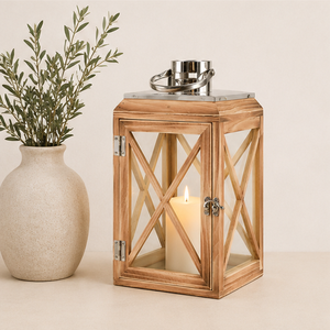 Farol de Madera Rústico Hecho a Mano con Tapa de Acero Inoxidable y Paneles de Vidrio, Farol Decorativo Vintage para Interiores - Product Image 6