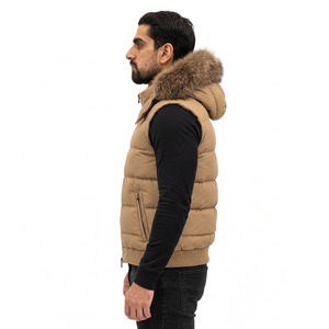 Chaleco Acolchado Beige con Capucha para Hombre, con Ribete de Piel, Cierre de Cremallera, Resistente al Viento, Transpirable, Relleno de Algodón, Estilo Urbano para Invierno - Product Image 4