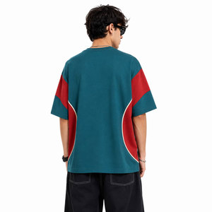 Camiseta Oversize de Color Único con Bloques de Color, Manga Corta, Cuello Redondo, Estilo Urbano, Ribete en Contraste, Estampado de Letras, Algodón con Relieve - Product Image 5