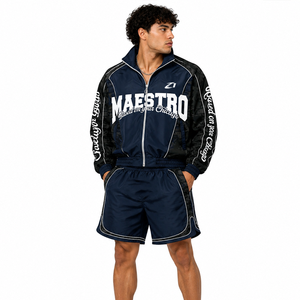 Ensemble court coupe-vent en nylon personnalisable avec logo pour homme – Style vintage universitaire streetwear, OEM, marque privée, léger, patchwork, sweats à capuche d'été - Product Image 1