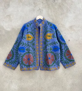 <b>Women</b> Uzbek Suzani Style Cotton <b>Jacket</b> Blue Floral Embroidery Traditional Stand Collar Bohemian Outerwear - Product Image 1