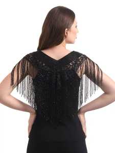 Capelet noir à franges perlées, à volants festonnés et à pompons, pour mariage, boléro, veste en polyester - Product Image 4