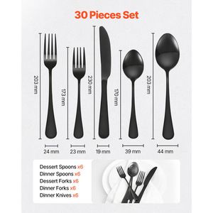 Set di posate da 30 pezzi in acciaio inossidabile per alimenti, colore nero, con finitura a specchio, lavabili in lavastoviglie, per hotel - Product Image 2