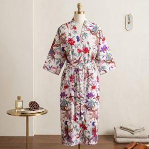 Kimono de algodón premium con estampado floral de pájaros, cuello en V, largo, con cinturón, para estar en casa, suave y transpirable. - Product Image 5