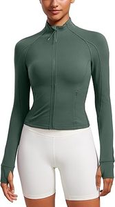 Haut de yoga pour femme vert olive à manches longues et fermeture éclair intégrale, coupe ajustée, design sans couture, couleur unie, vêtement de sport - Product Image 1